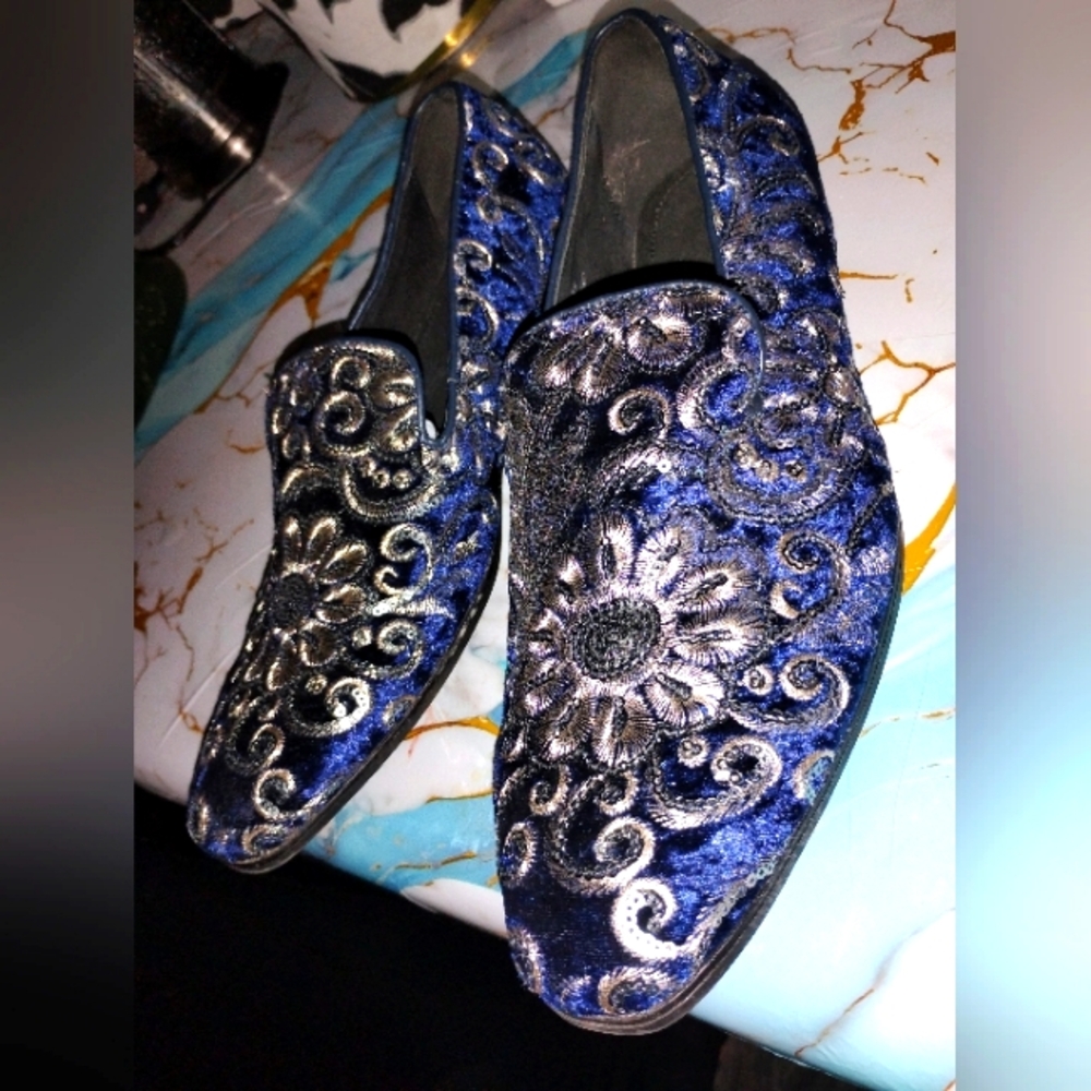 Elegant Blue and Silver Slip-On Loafers with Ornate Design